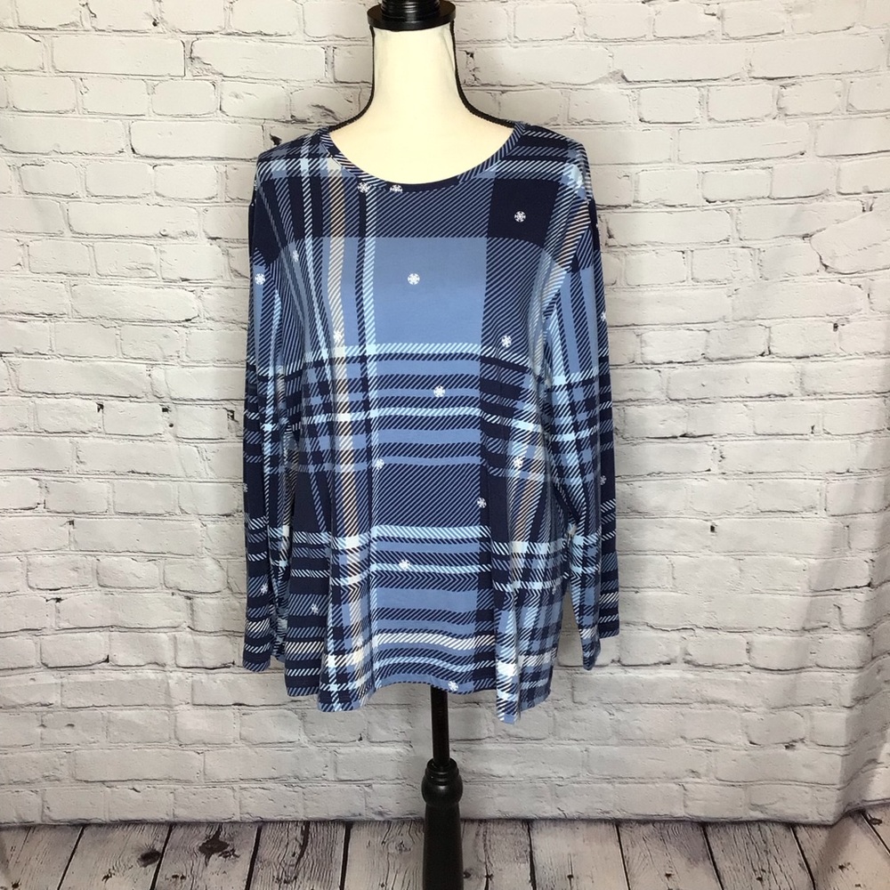 Denim & Co Blue Plaid Snowflake Print Pullover Top XL